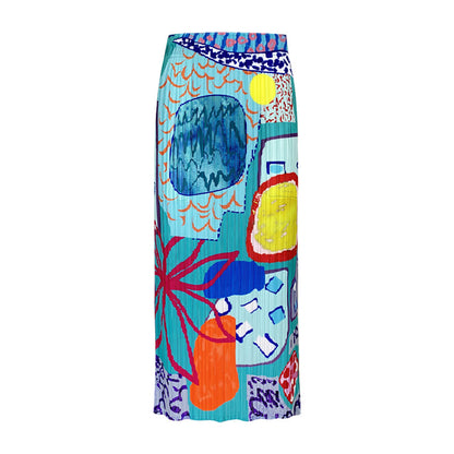 Folded skirt summer new niche printing pleated skirt casual medium and long A word elegant style women's clothing