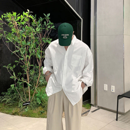 saferido mens fashion Youth White Shirt Men's Spring and Autumn New Korean Style Simple Solid Color Long Sleeve Shirt Loose Lazy Style Cotton