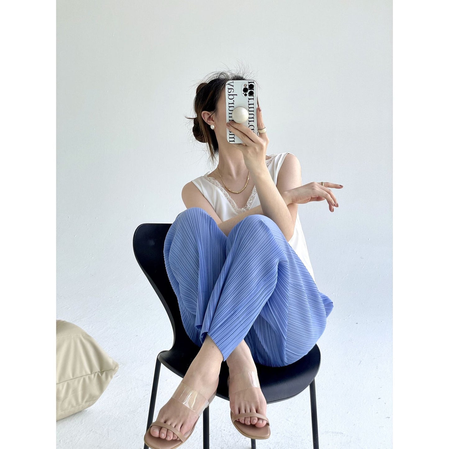 Folds popular spring and summer new simple fashion slim straight pants femininity versatile and thin casual pants