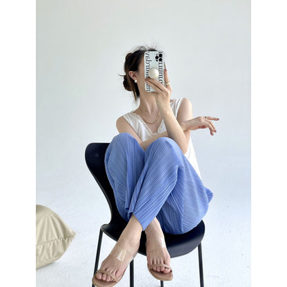 Folds popular spring and summer new simple fashion slim straight pants femininity versatile and thin casual pants