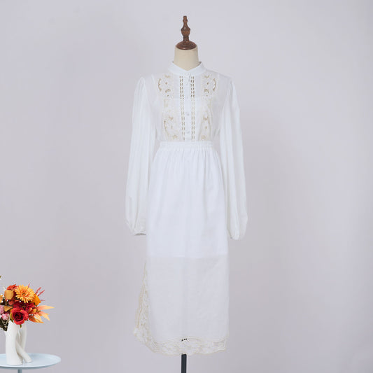 popular autumn and winter new lace style new fashion temperament collar splicing design hollow long sleeve waist dress