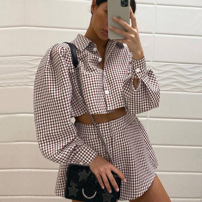 2025 Summer  Women's Clothing Commuter Long Sleeve Shirt Shorts Two-piece Lantern Sleeve Plaid Hong Kong Style Fashion Suit