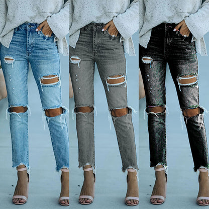 2025 Spot  New  women's jeans straight pants washed ripped rough edge casual trousers jeans women