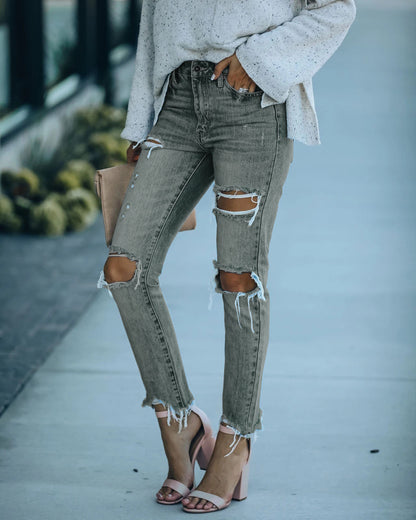 2025 Factory direct sales   new ripped women's jeans street hipster washed slim and thin straight pants