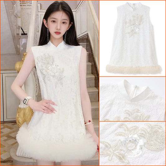 summer new national style embroidery temperament stand-up collar short skirt new Chinese hem splicing dress women's N4064