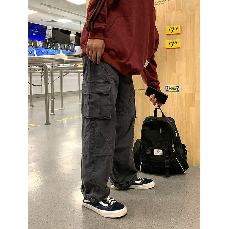 saferido fall outfits men Retro Men's and Women's Pocket Trendy Casual Pants Trousers Loose American Straight High Street Overalls Pants