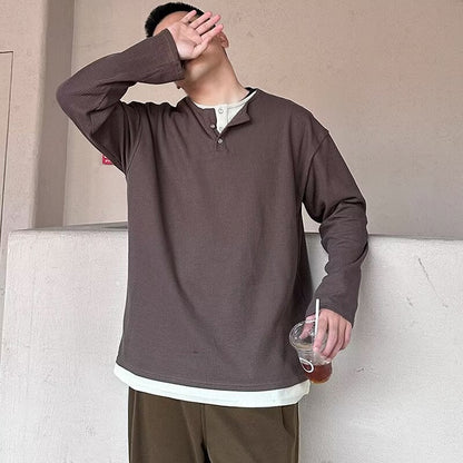 saferido guys clothing styles Japanese Retro Henry Collar Fake Two-Piece Long-Sleeved T-shirt Men's Autumn Casual Sweater Men's Autumn Bottoming Shirt
