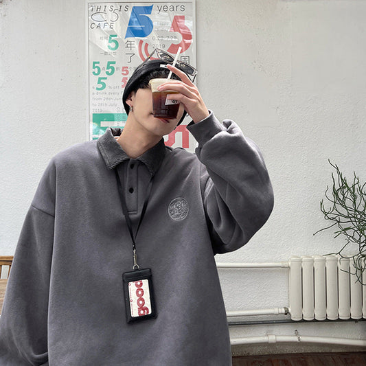 saferido outfit inspo Polo Collar Spring and Autumn Sweater Men's Ins Korean Style Trendy Loose Lazy Style Coat Spring Trendy Handsome All-Match Top Clothes