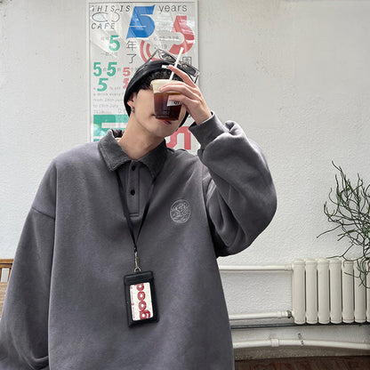 saferido outfit inspo Polo Collar Spring and Autumn Sweater Men's Ins Korean Style Trendy Loose Lazy Style Coat Spring Trendy Handsome All-Match Top Clothes