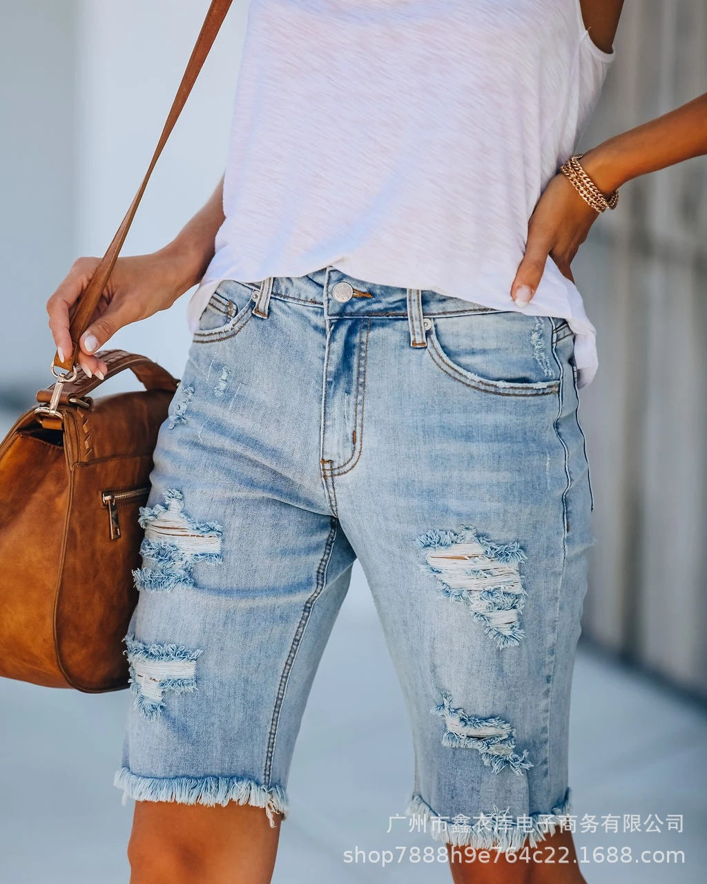 2025 summer new New  denim ripped five-point pants wish fashion rough edge fringed jeans women