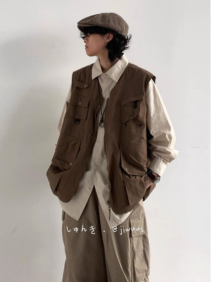 Japanese style niche retro loose workwear vest men spring and autumn new casual versatile vest jacket tops