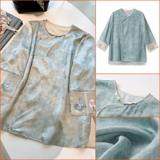 high-end new Chinese jacquard satin top spring and summer light national style embroidered thin silk shirt N4006