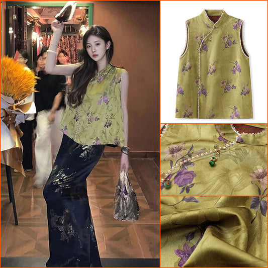 Summer new national style light luxury printed vest retro celebrity loose and thin meat cover premium top M6057