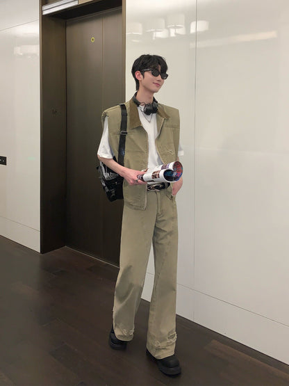 Korean style distressed shoulder pad vest jeans suit summer new style trendy workwear casual suit