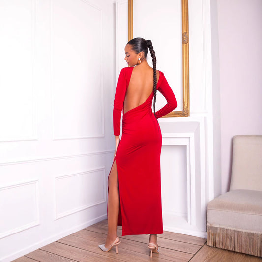 SAFERIDO 2025 popular  style sexy Spice Girls women's clothing autumn long-sleeved backless side split temperament solid color dress evening dress