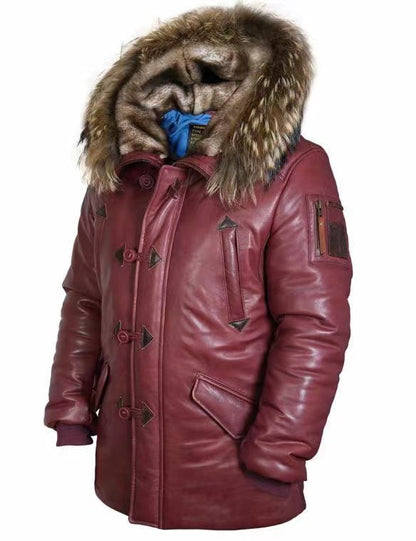 2025 Casual zipper hooded stand-up collar winter spot red straight hem youth sheepskin leather jacket