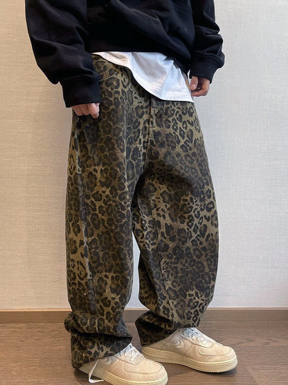 autumn and winter new American retro design niche workwear leopard print loose casual versatile pants men INS