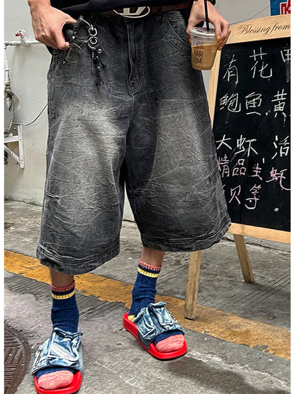 American retro niche washed denim shorts men's summer new trendy brand versatile niche shorts