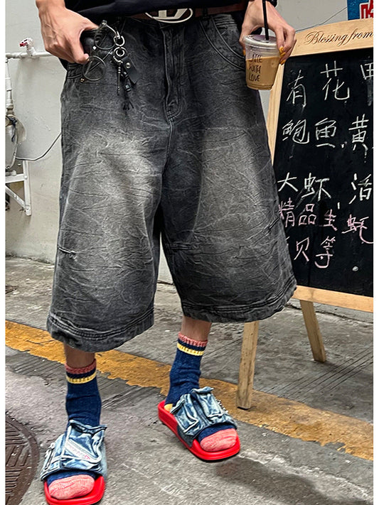 American retro niche washed denim shorts men's summer new trendy brand versatile niche shorts