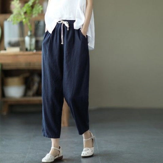 summer new literary and retro solid color simple Harlan pants loose large size versatile casual nine-point pants women