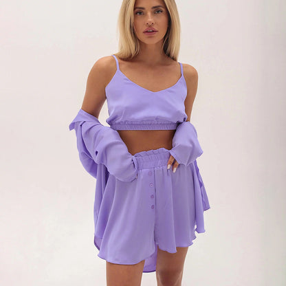 SAFERIDO 2025 Fashion soft and comfortable satin sexy underwear long-sleeved shorts nightgown three-piece set New women's loungewear
