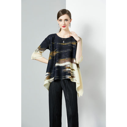 Pleated Popularan, n style, Popular style, advanced sense, loose elastic pleated printed top, seven-quarter sleeve crew neck, new summer models