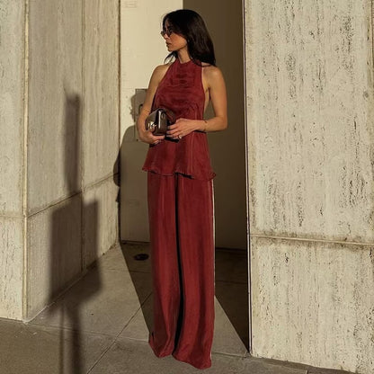 2025 2025 new Popular trade women's clothing sleeveless round neck solid color wide-leg pants temperament commuter fashion suit trousers