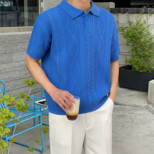 saferido      -shop men’s fashion Texture Knitted Polo Shirt Short T Men's Summer Loose Lapel T-shirt Korean Style Trendy Short Sleeve Sweater