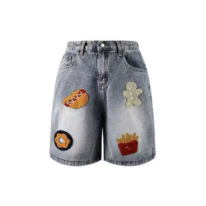 saferido 90s streetwear American Retro Creative French Fries Hot Dog Towel Embroidered Denim Shorts Men's and Women's High Street Straight Loose Wide-Leg Shorts