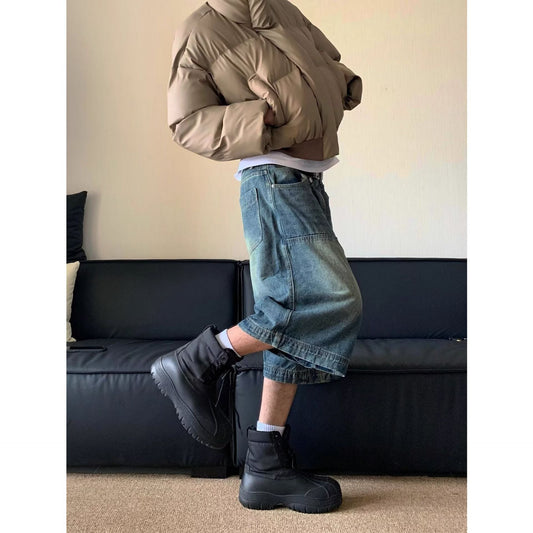 saferido 90s streetwear American-Style Retro Washed High Street Stitching Denim Shorts Men's and Women's Summer Wide-Leg Distressed Casual All-Match Cropped Pants