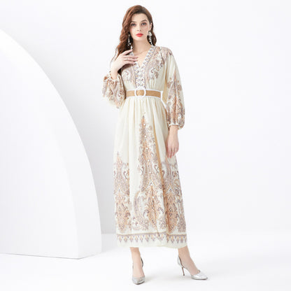 Dinner dress women's  style high sense retro court  style waist and thin temperament fashion printed dress