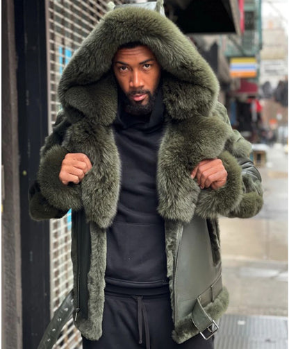 2025 New wish green big fur collar hooded thickened velvet men's leather jacket 6559