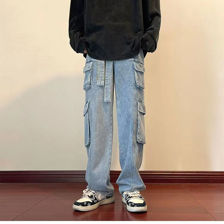 saferido streetwear men outfits Hong Kong Style Functional Multi-Pocket Overalls Men's American Casual Ins High Street Spring and Autumn Boys Wide Leg Denim