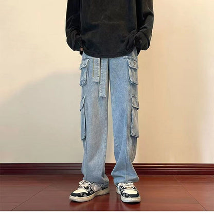 saferido streetwear men outfits Hong Kong Style Functional Multi-Pocket Overalls Men's American Casual Ins High Street Spring and Autumn Boys Wide Leg Denim