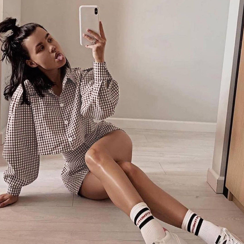 2025 Summer  Women's Clothing Commuter Long Sleeve Shirt Shorts Two-piece Lantern Sleeve Plaid Hong Kong Style Fashion Suit