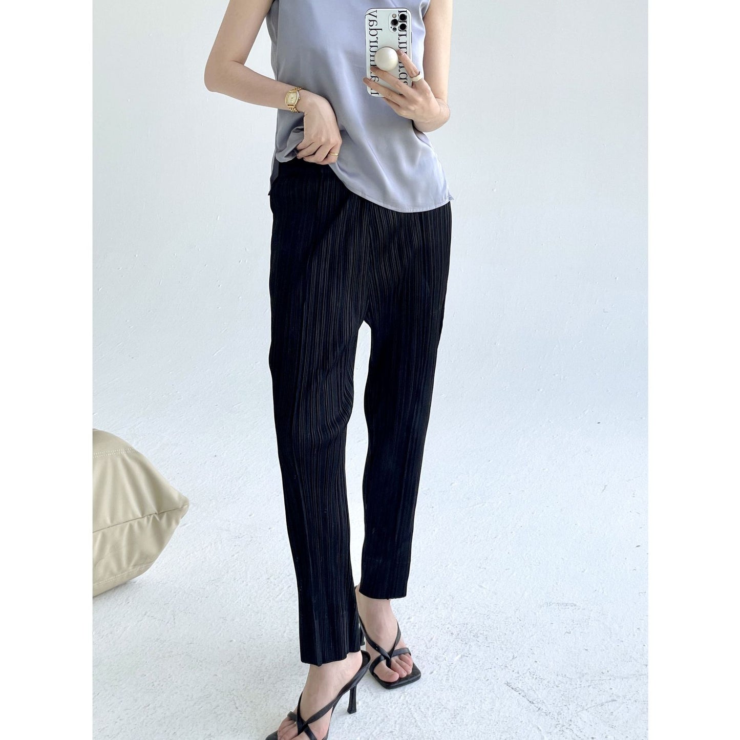 Folds popular spring and summer new simple fashion slim straight pants femininity versatile and thin casual pants