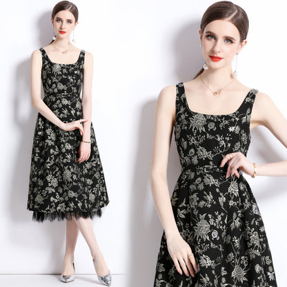 Summer court style celebrity temperament black gold rose embroidered gold silk heavy industry jacquard long waist and thin dress