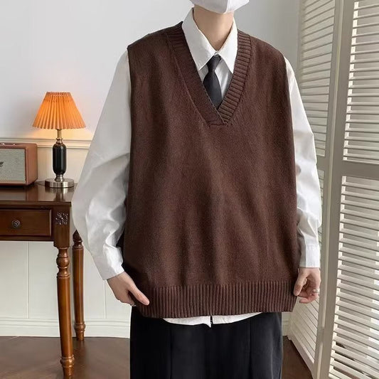 saferido boy outfits V-neck Sweater Men's Japanese Style Lazy Retro Men's Knitted Vest Autumn and Winter Loose Hong Kong Style Waistcoat