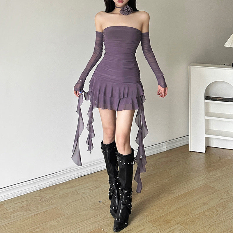 Cross-border 2025 style popular summer new women's clothing solid color sexy one-word collar fashion strap hip dress