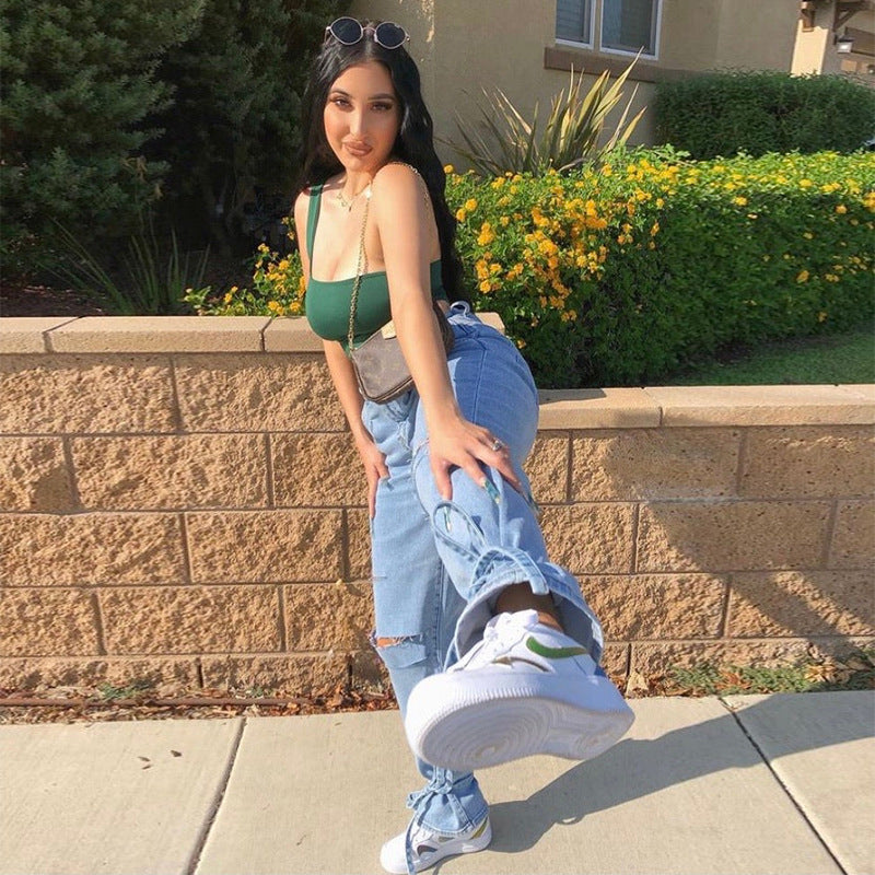 2025 Factory direct sales  New ripped jeans women's street hipster high waist wide leg denim trousers