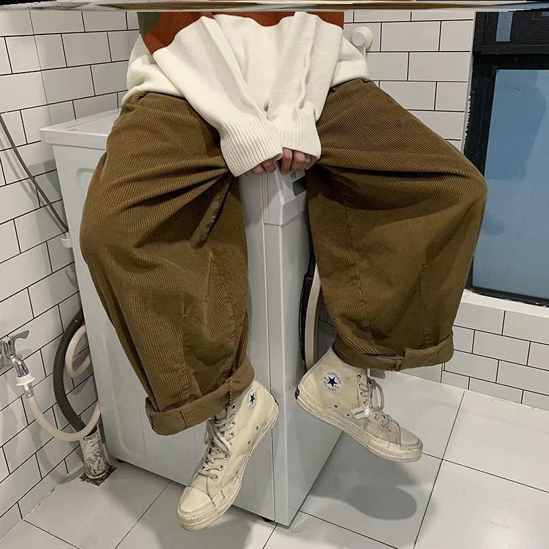 saferido men fall outfits casual Spring and Autumn Japanese Harajuku Style Corduroy Pants Fashionable Retro Trendy Loose Straight Casual Pants Harem Wide Leg Pants