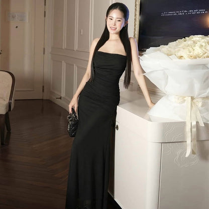 Cross-border 2025 style 2025 spring new women's clothing elegant temperament simple pleated design perspective mesh dress