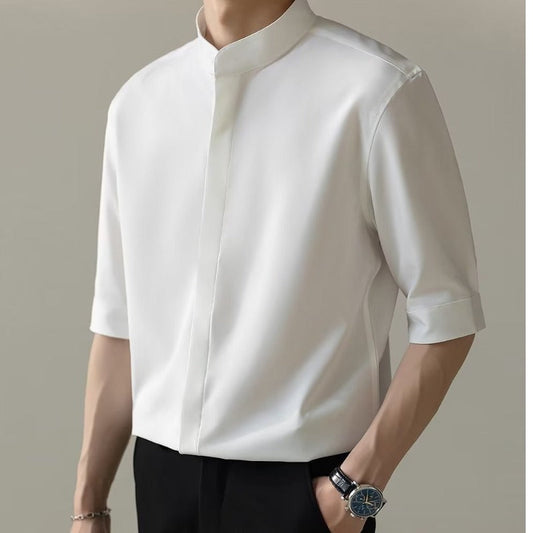 saferido      -shop classy outfits men New Chinese Style Stand Collar Short-Sleeved Shirt Men's Summer New Niche Shirt Trendy Ice Silk Drape All-Match Top