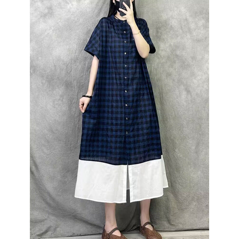 Plaid crew neck splicing dress  summer new design sense casual sense Japanese style wear women