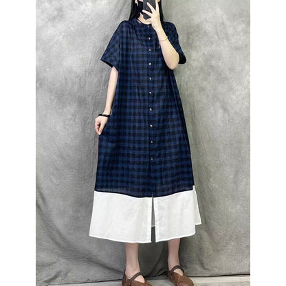Plaid crew neck splicing dress  summer new design sense casual sense Japanese style wear women