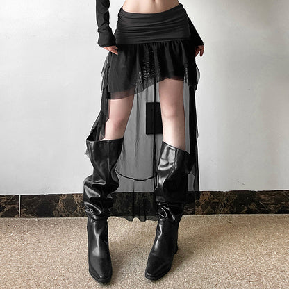 Cross-border 2025 style popular autumn new women's clothing light tulle cascade design pure black mesh slim skirt