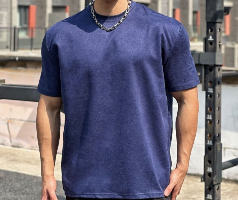 Fitness short-sleeved men's sports round neck T-shirt American summer solid color slim fit all-match trendy brand heavy casual training clothes