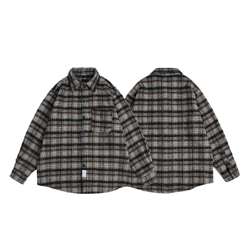 saferido      -shop black men fashion urban Dress Vintage Autumn Japanese Retro Woolen Plaid Loose Long Sleeve Shirt Men's and Women's Neutral Style Coat Fashion