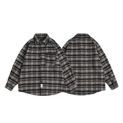 saferido      -shop black men fashion urban Dress Vintage Autumn Japanese Retro Woolen Plaid Loose Long Sleeve Shirt Men's and Women's Neutral Style Coat Fashion