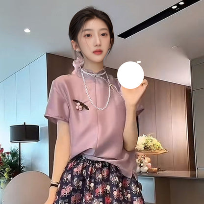 New Chinese style mulberry silk high-end shirt women's summer new chic diagonal placket buckle lace top N4002